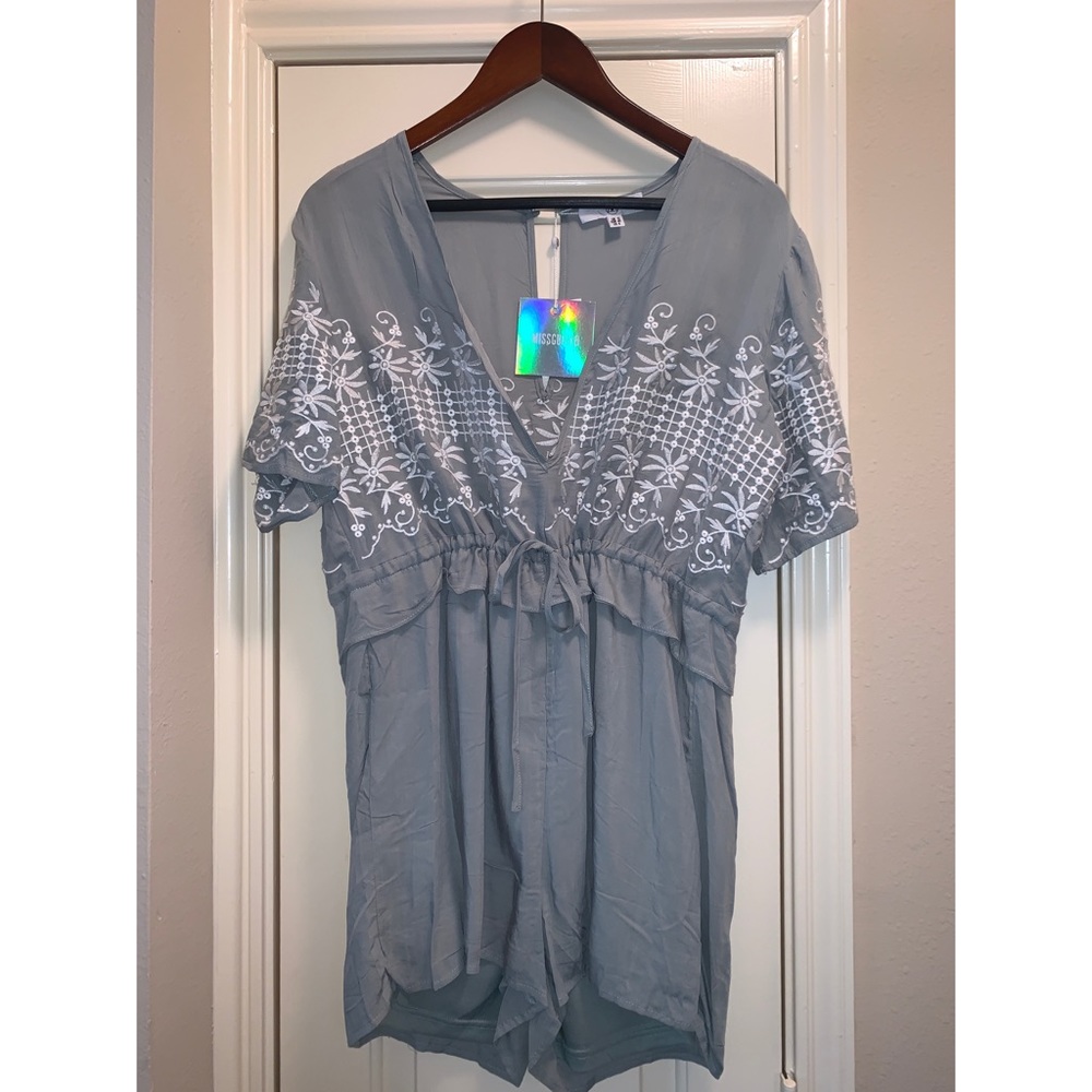 Seafoam Romper With White Embroidery Detail